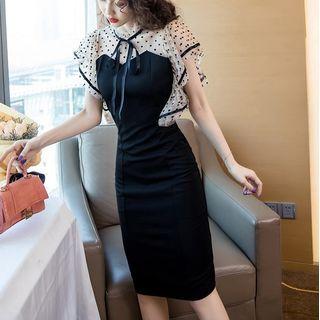 Flutter-sleeve Dotted Panel Sheath Dress