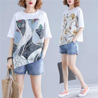 Printed Panel Elbow-sleeve T-shirt
