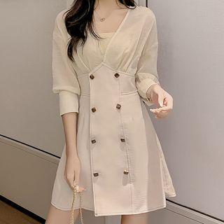 Set: 3/4-sleeve Mesh Panel Double-breasted A-line Dress + Bandeau