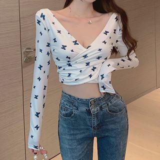 Long-sleeve Butterfly Print Crop Top