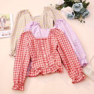Ruffled Gingham Bell-sleeve Blouse