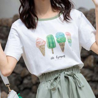Short-sleeve Graphic Print Contrast Trim T-shirt White - One Size