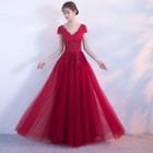 Short-sleeve Lace Panel Midi Prom Dress / A-line Evening Dress
