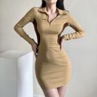 Long Sleeve Collar Color-block Mini Bodycon Dress