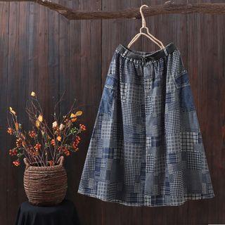Patterned Denim Midi A-line Skirt