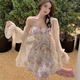 Spaghetti Strap Floral Print Mini A-line Dress / Ruffled Light Chiffon Cardigan