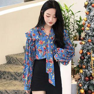 Lantern-sleeve Floral Blouse