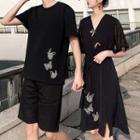 Couple Matching Short-sleeve Butterfly T-shirt / Midi A-line Dress / Shorts