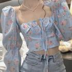 Long-sleeve Floral Cropped Blouse Blue - One Size