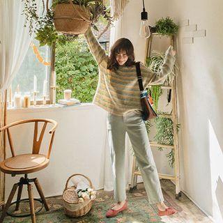 Drop-shoulder Stripe Wool Blend Knit Top