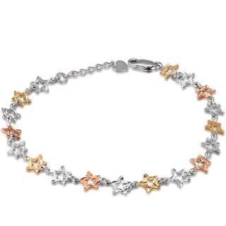 14k Italian Tri-color Yellow, Rose And White Gold Open Diamond Cut Stars Link Bracelet (6.5)