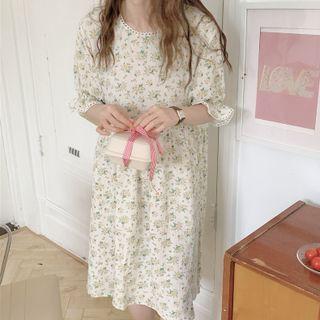 Bell-sleeve Floral Print Sleep Dress Sleep Dress - Yellow Floral - White - One Size
