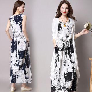 Set:open Front Long Light Jacket + Dye Print Sleeveless Midi Dress