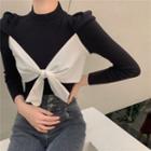 Bow Accent Color Block Long-sleeve Top Black - One Size