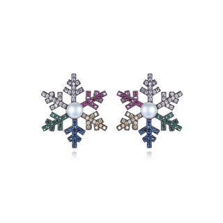 Simple And Fashion Snowflake Imitation Pearl Stud Earrings With Colorful Cubic Zirconia Black - One Size
