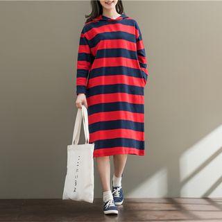 Striped Hooded Long-sleeve Midi T-shirt Dress