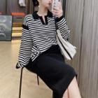 Set: Collared Striped Sweatshirt + Plain Midi Pencil Skirt