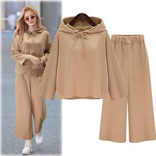 Set: Plain Hooded Sweatshirt + Wide-leg Pants