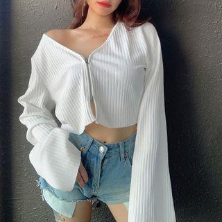 Long-sleeve V-neck Zip-front Crop Top
