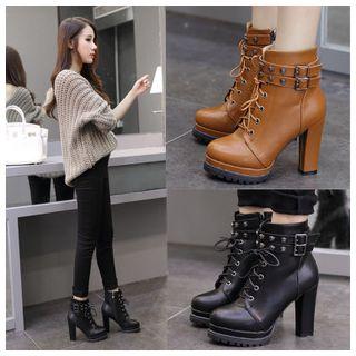 Platform Block Heel Lace Up Short Boots