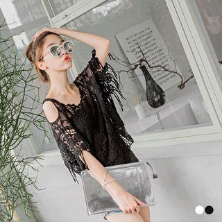Elbow Sleeve Cold Shoulder Crochet Lace Top