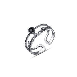 925sterling Silver Simple Fashion Black Cubic Zirconia Geometric Round Adjustable Open Ring Silver - One Size