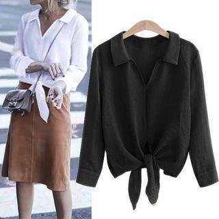 Tie-hem V-neck Long-sleeve Blouse