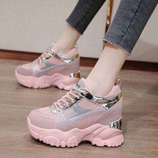 Contrast Trim Wedge Platform Lace Up Sneakers