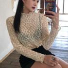 Crew-neck Elbow-sleeve T-shirt / Lace Long-sleeve Top / High Waist Mini A-line Skirt