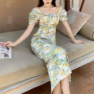 Floral Off-shoulder Short-sleeve Midi Sheath Dress