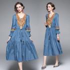 3/4-sleeve Embroidered Denim Midi A-line Dress