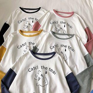 Color-block Lettering Print Crewneck Long-sleeve T-shirt