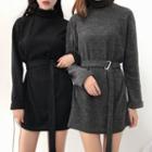 Mock-neck Knit Top With Belt
