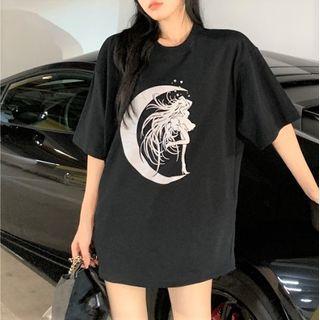 Elbow-sleeve Print T-shirt T-shirt - Black - One Size