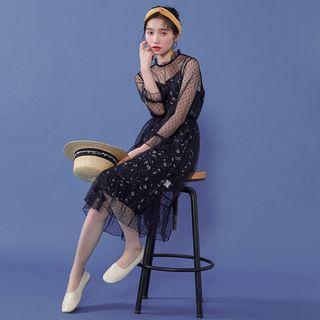 Set: Long-sleeve Sheer Midi Mesh Dress + Spaghetti Strap Floral Midi Dress As Shown In Figure - One Size