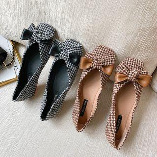 Bow-accent Houndstooth Square Toe Flats