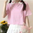 Embroidered Collar Striped Short-sleeve Polo Shirt