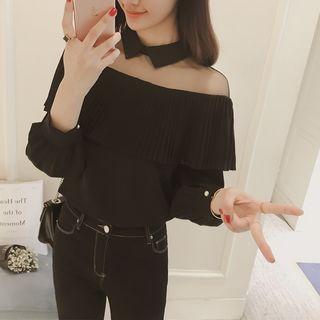 Mesh Panel Frilled Collared Top
