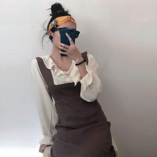 Long-sleeve Ruffle Trim Plain Blouse / Sleeveless Plain Dress