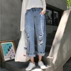 Ripped Wide-leg Jeans Blue - One Size