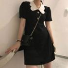 Contrast Trim Short-sleeve Mini Collared Dress Black - One Size