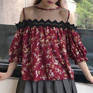 3/4-sleeve Shoulder Cut Out Floral Top