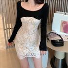 Off Shoulder Two Tone Lace Skinny Mini Dress