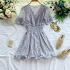 Short-sleeve Floral Frill Trim Chiffon A-line Mini Dress