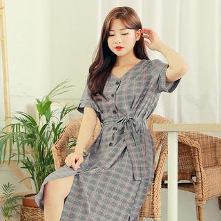 V-neck Checked Shirtdress With Sash