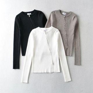 Long-sleeve Split Zip-up Plain Top