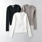 Long-sleeve Split Zip-up Plain Top