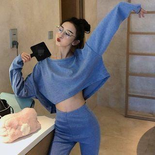 Set: Long-sleeve Cropped T-shirt + Boot-cut Pants