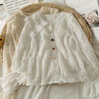 Pearl-trim Peter Pan-collar Loose Lace Shirt
