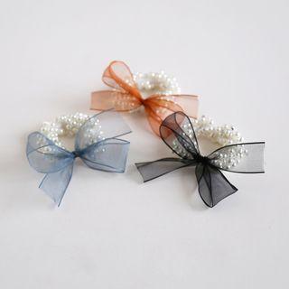 Mesh Ribbon Faux Pearl Hair Tie